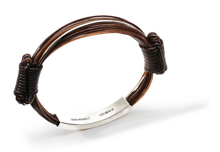 Een luxe, High End 925 zilveren heren- of dames-armband, handgemaakt met exclusief bruin Olifantenhaar en schuifknopen - Large